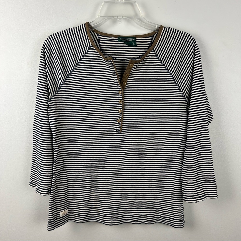 Vintage Ralph Lauren Jeans Striped Black and White Henley Top with Suede Detail